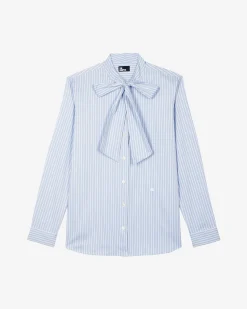 Chemise col lavallière en coton mélangé rayée bleue