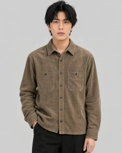 Chemise en velours côtelé taupe
