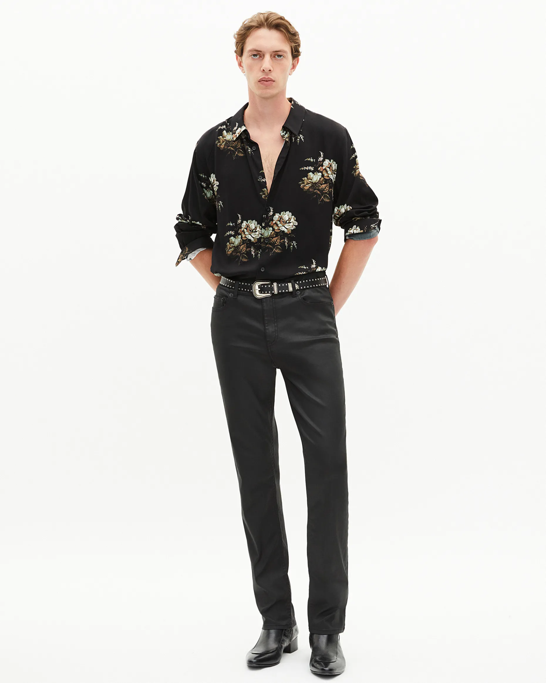 Chemise imprimé fleuri verte et noire