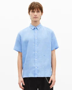 Chemise manches courtes en lin bleu