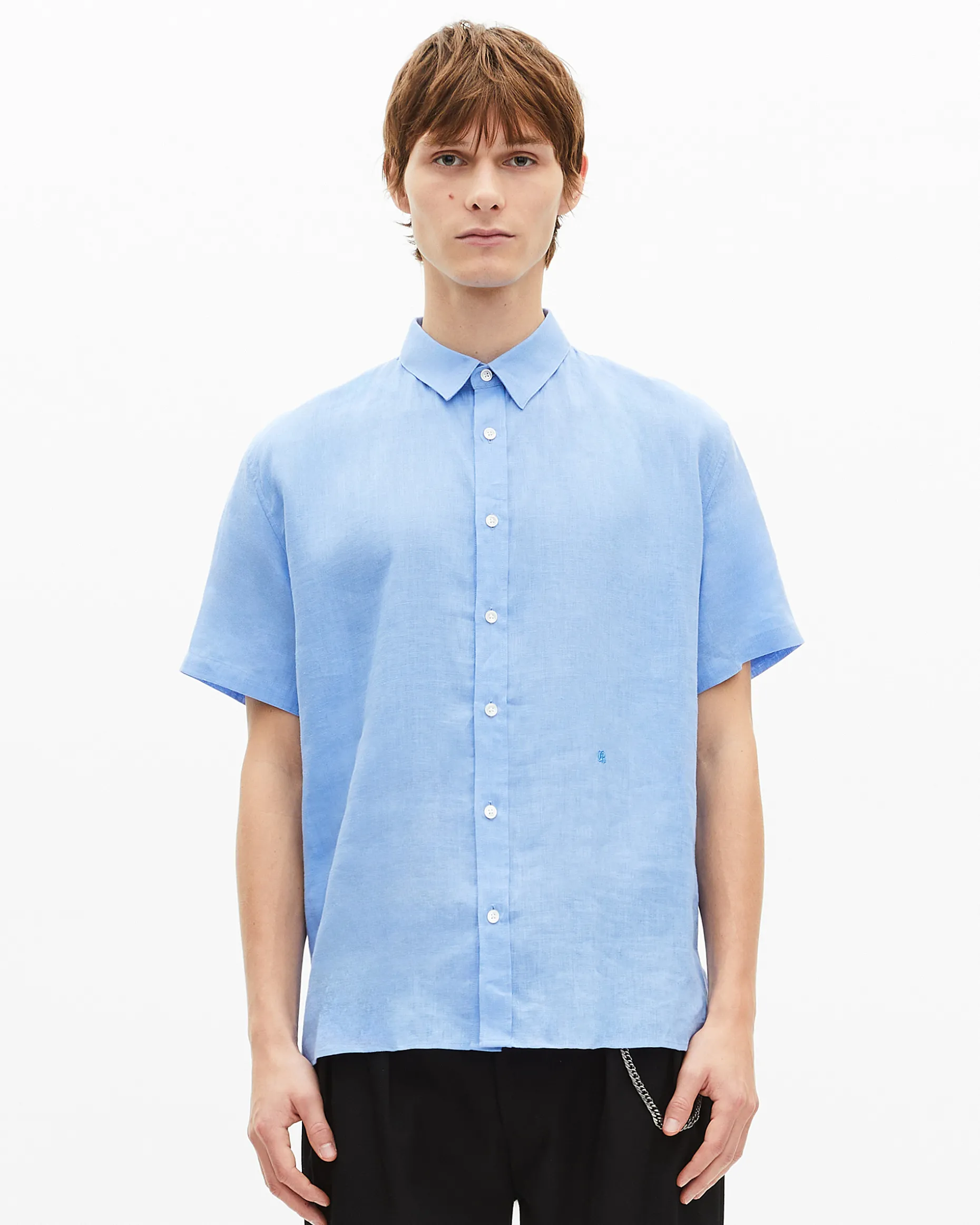 Chemise manches courtes en lin bleu