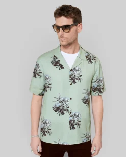 Chemise manches courtes imprimé fleuri verte