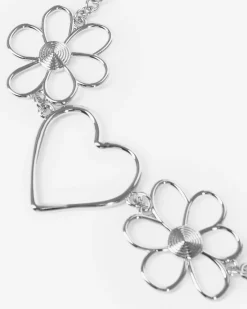 Collier ras de cou cœurs et fleurs argenté