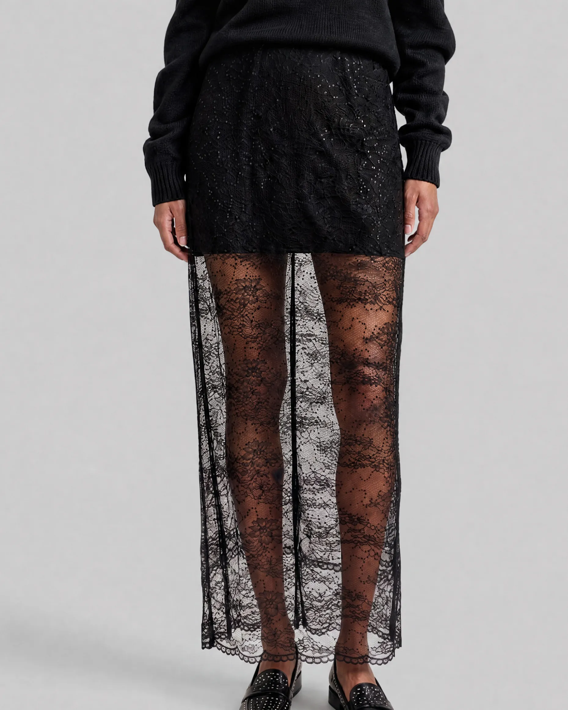 Jupe midi en dentelle avec strass noire