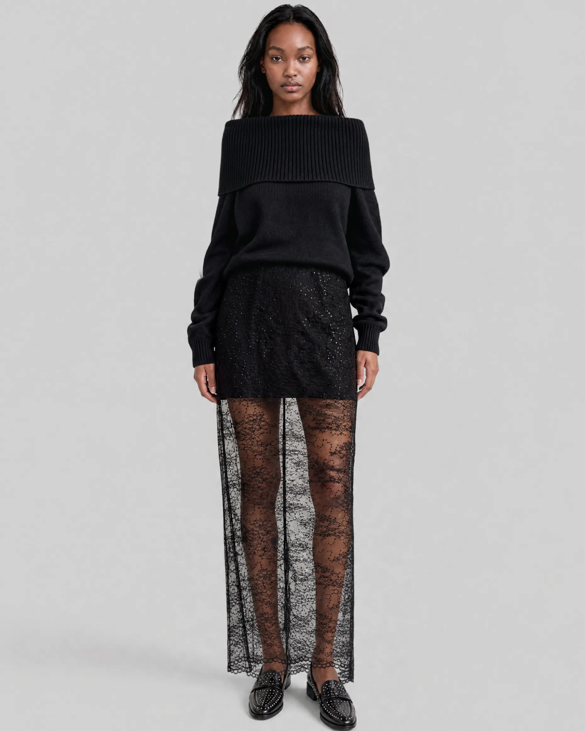 Jupe midi en dentelle avec strass noire