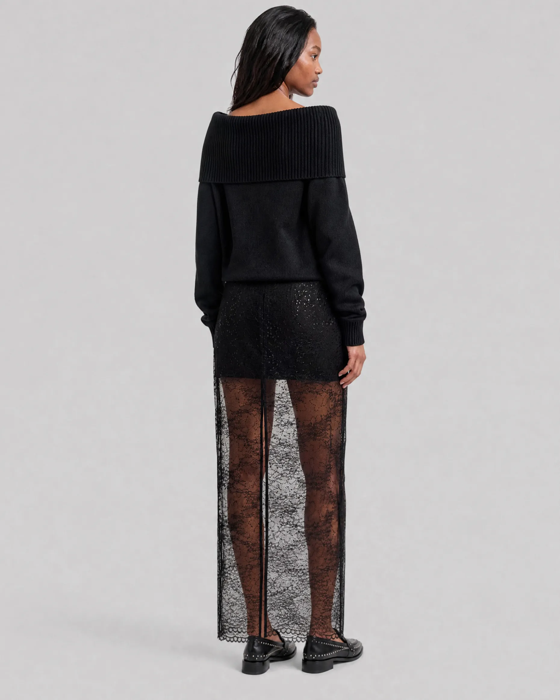 Jupe midi en dentelle avec strass noire