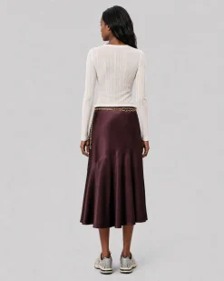 Jupe midi en satin avec chaîne dorée marron