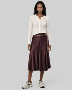 Jupe midi en satin avec chaîne dorée marron