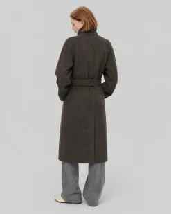 Manteau col montant en laine mélangée marron