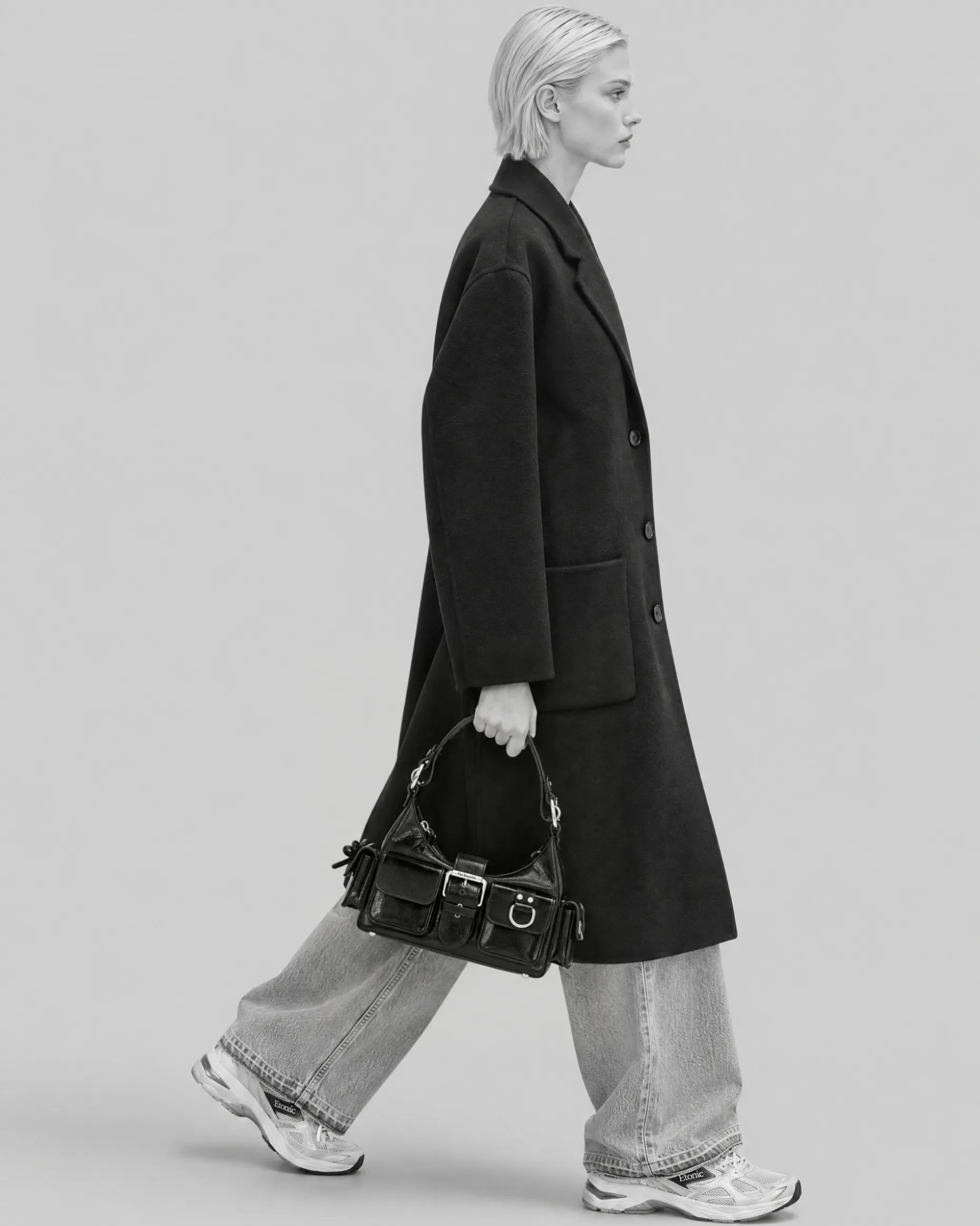 Manteau double face en laine mélangée noir