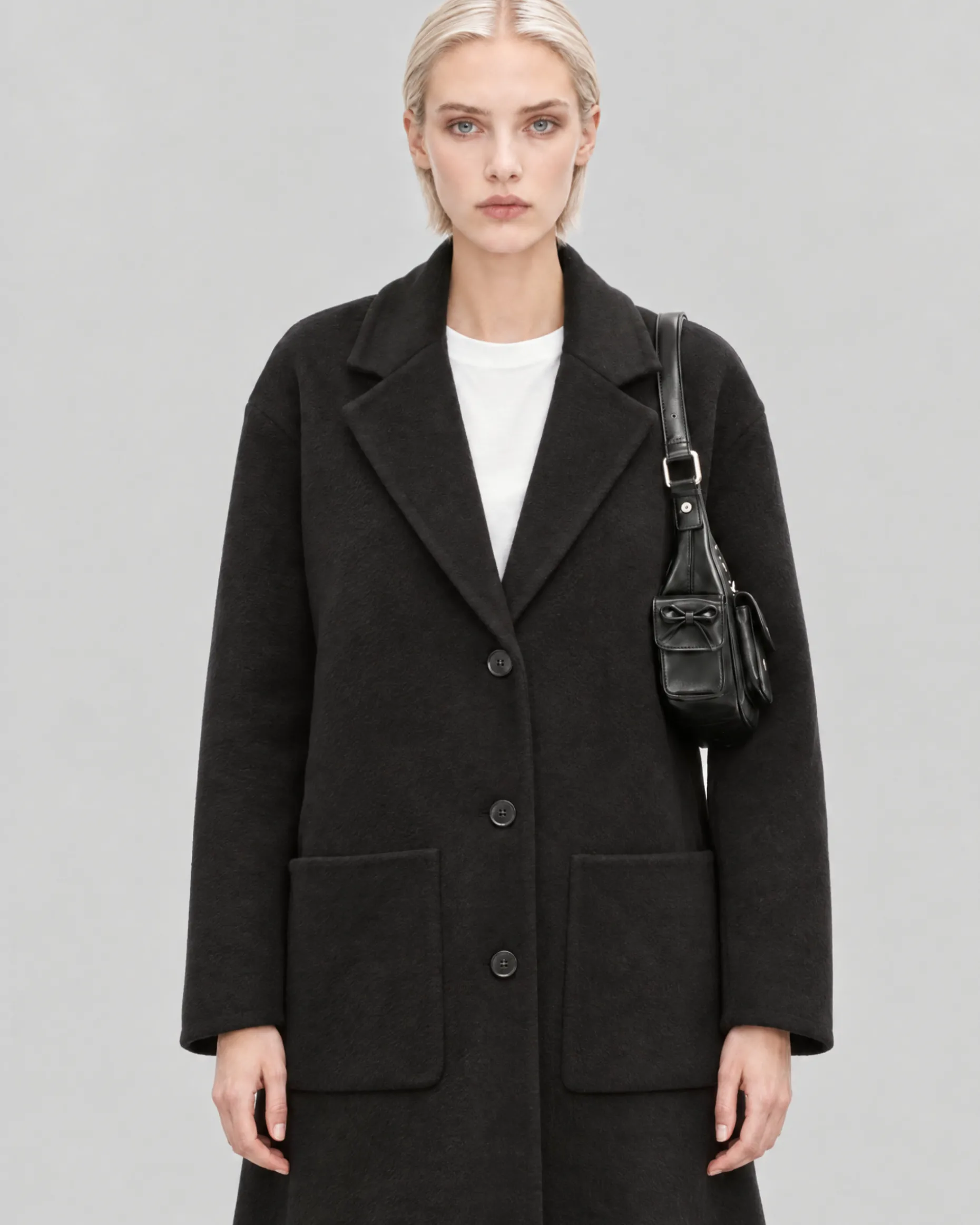 Manteau double face en laine mélangée noir