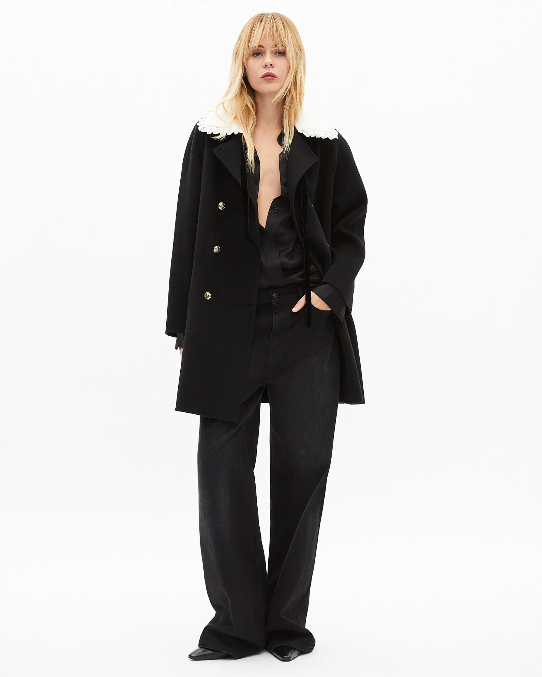 Manteau double face en laine mélangée noire