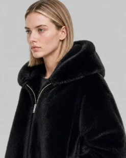 Manteau en fausse fourrure à capuche noir