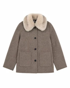 Manteau en laine mélangée avec col fausse fourrure beige