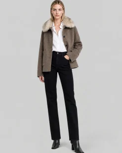 Manteau en laine mélangée avec col fausse fourrure beige
