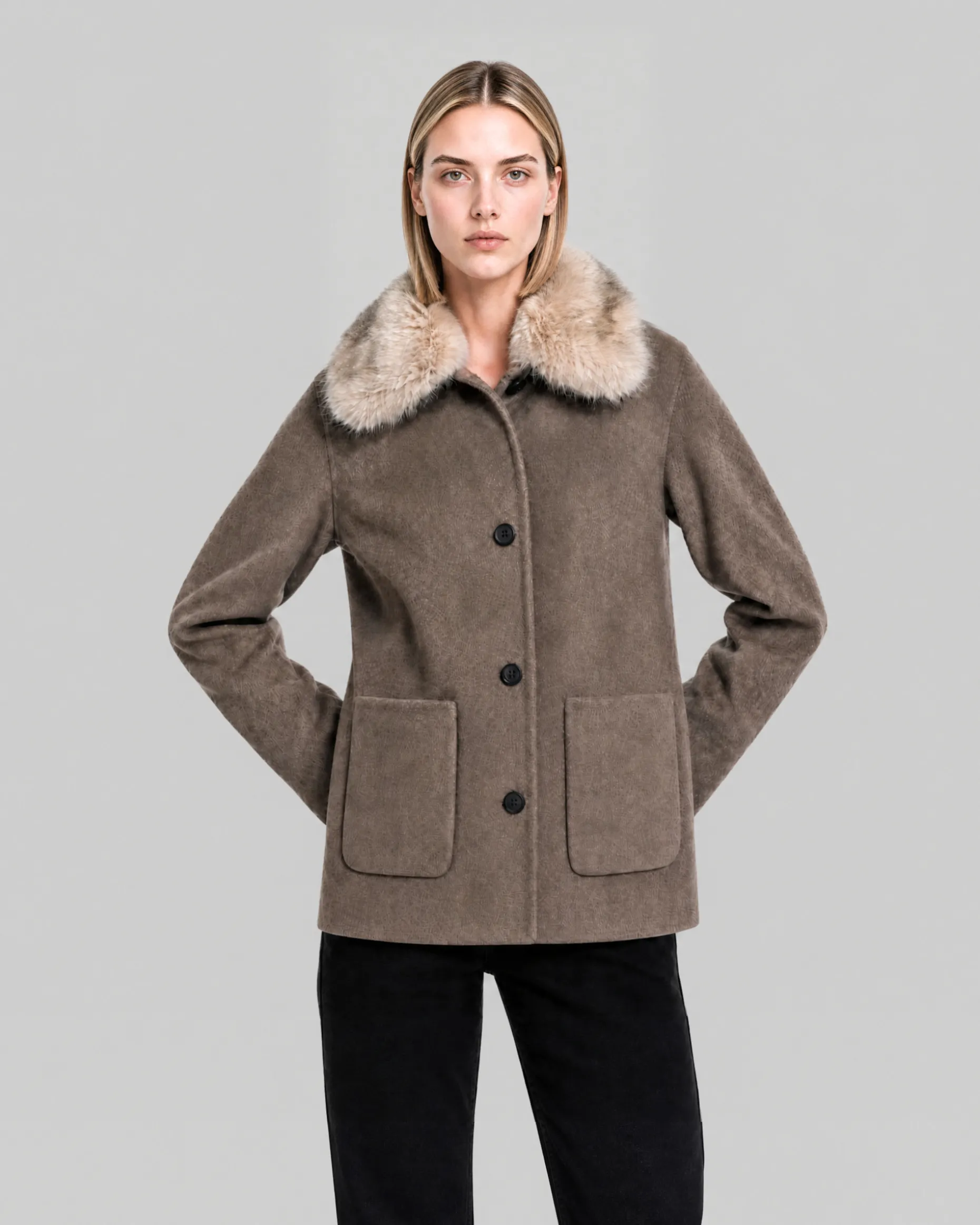Manteau en laine mélangée avec col fausse fourrure beige