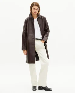 Manteau long en cuir bordeaux
