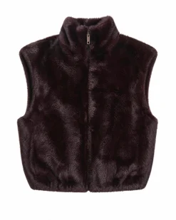 Manteau sans manches en fausse fourrure bordeaux