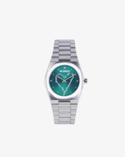 Montre avec coeur argentée cadran vert