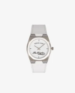 Montre avec logo et bracelet en cuir blanche