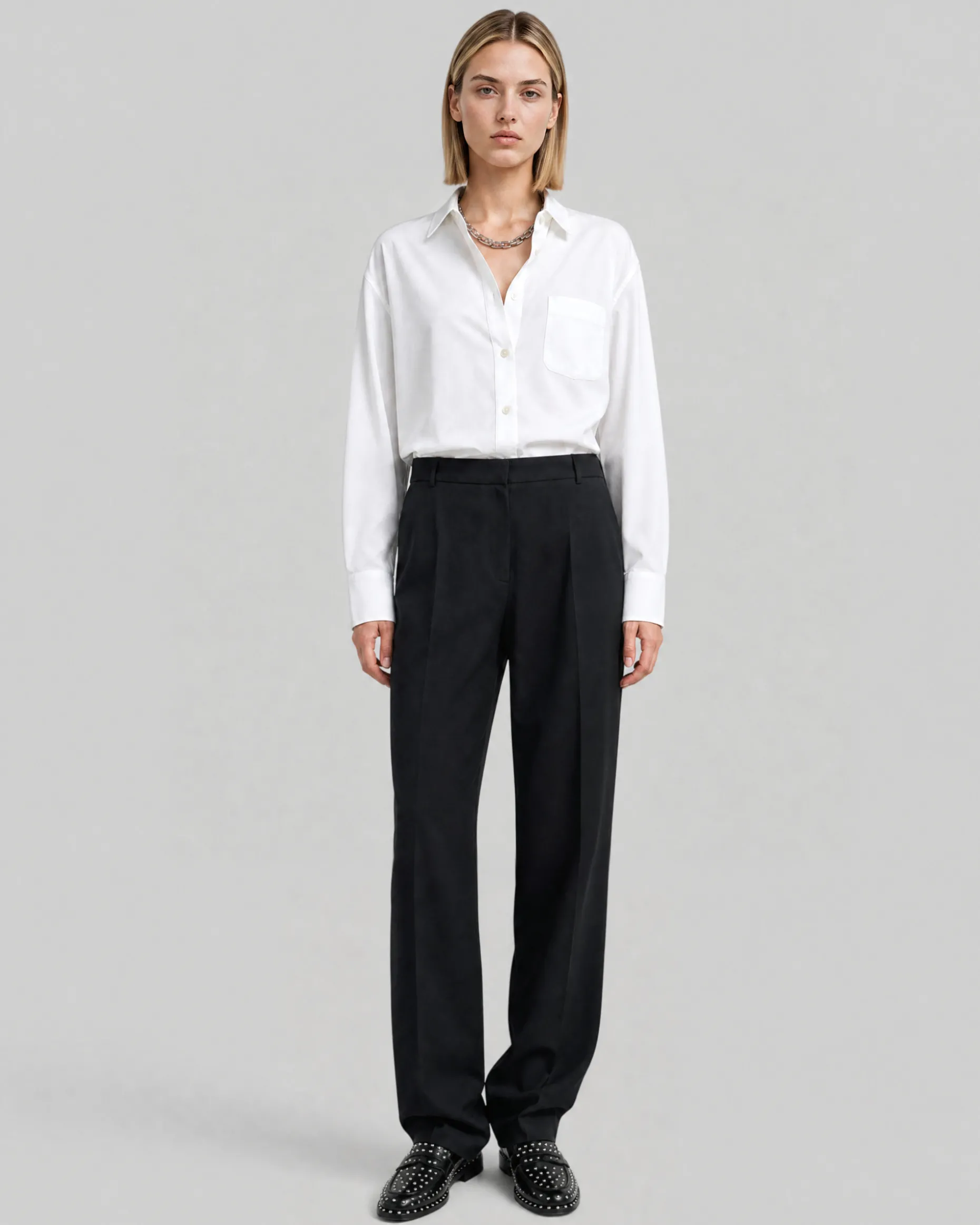 Pantalon de tailleur droit en laine mélangée noir