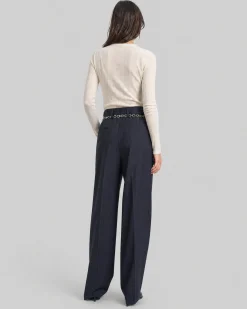 Pantalon de tailleur en laine large motif fines rayures marine