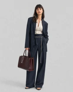 Pantalon de tailleur en laine large motif fines rayures marine