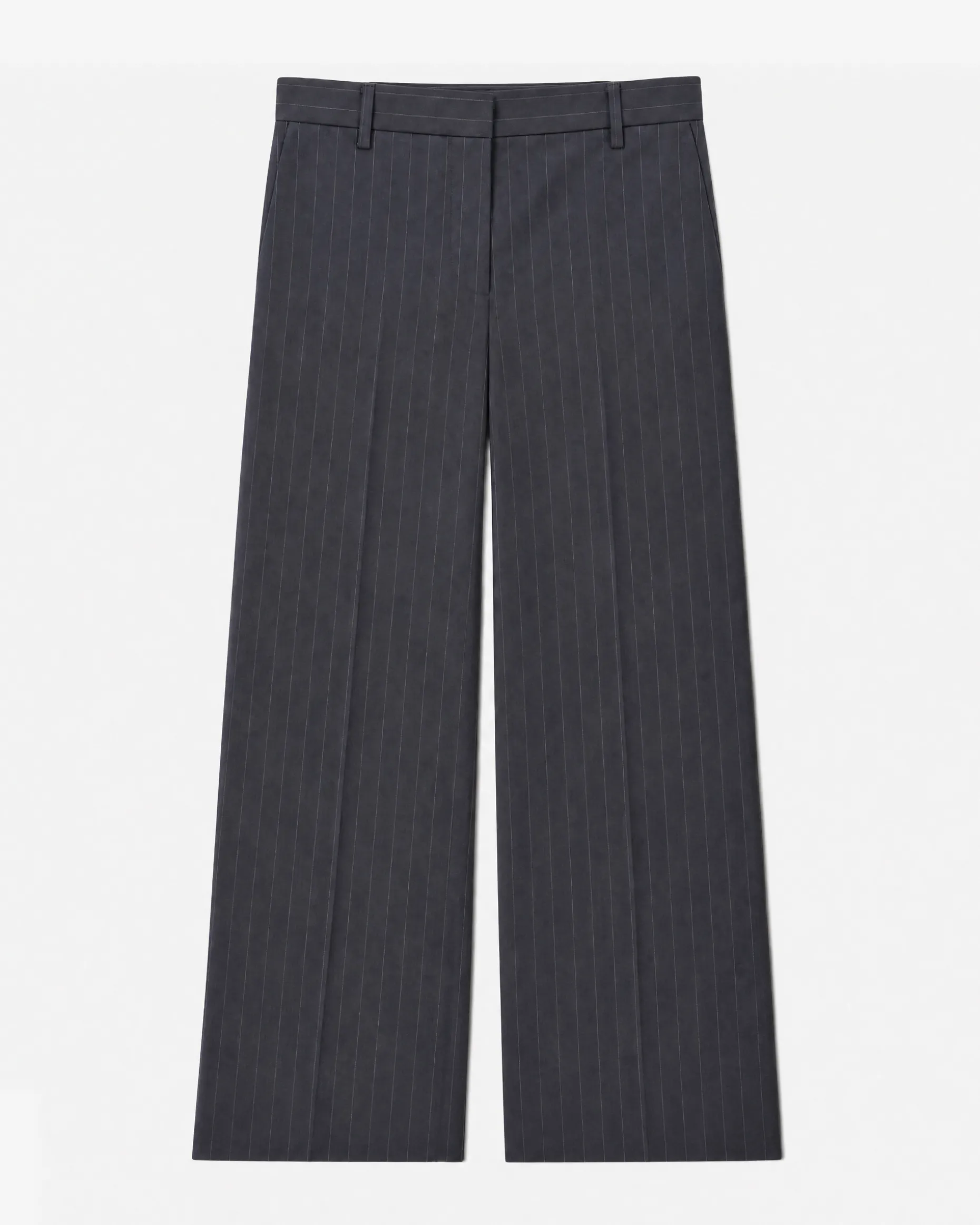 Pantalon de tailleur en laine large motif fines rayures marine
