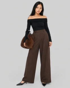 Pantalon de tailleur large en laine marron