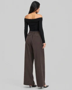 Pantalon de tailleur large en laine marron