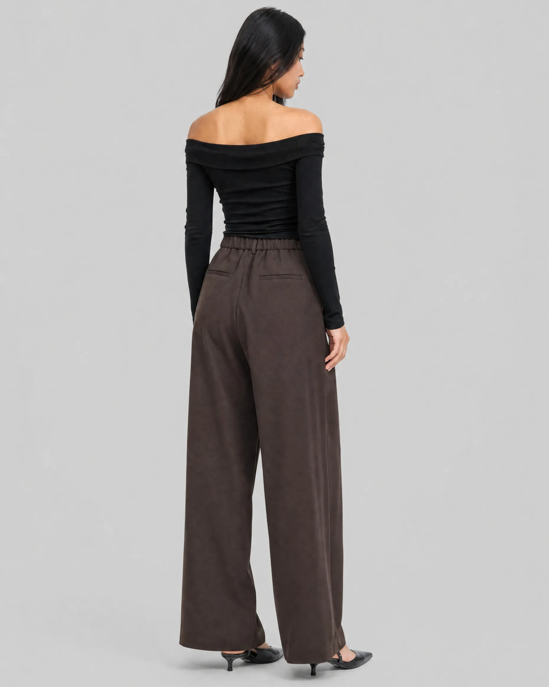 Pantalon de tailleur large en laine marron