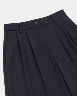 Pantalon de tailleur large en laine mélangée marine