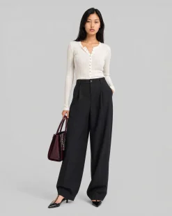 Pantalon de tailleur large en laine mélangée noir