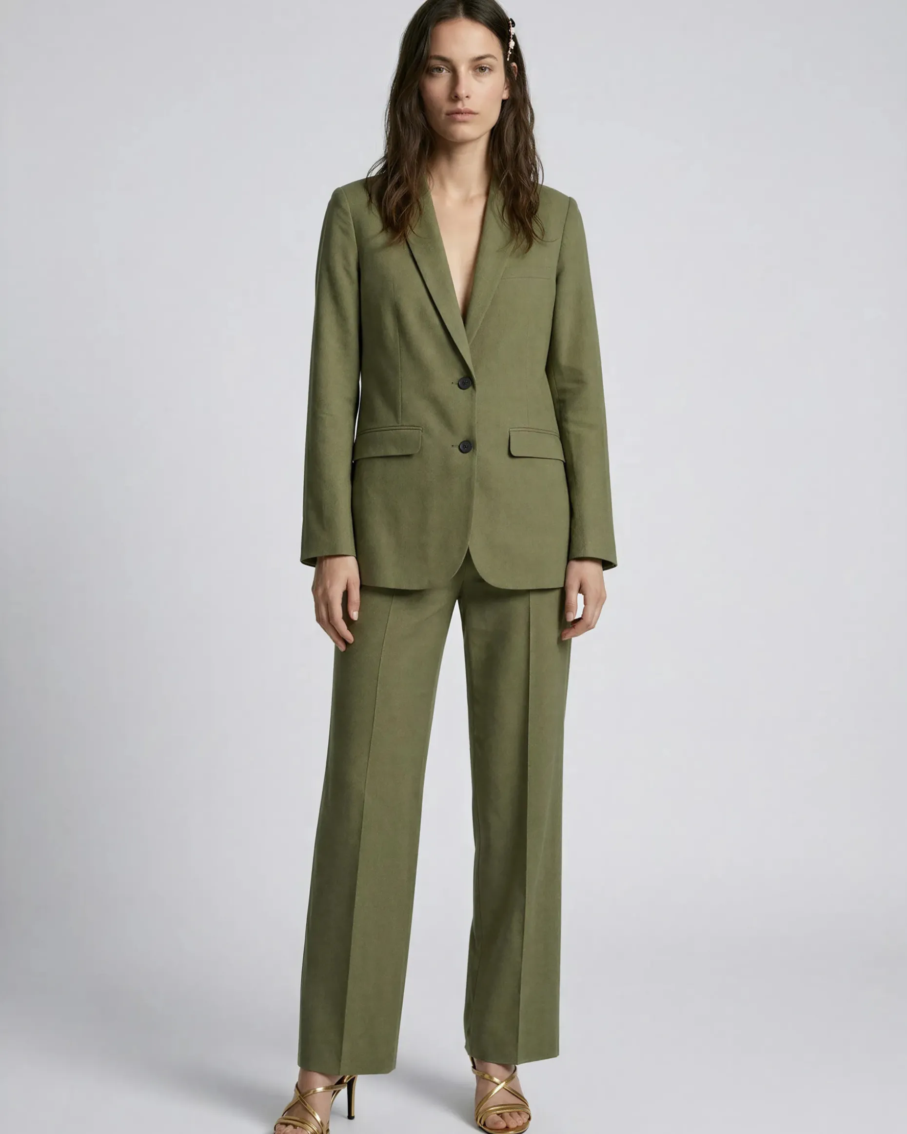 Pantalon de tailleur large en lin kaki
