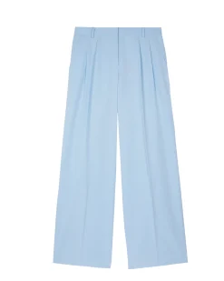 Pantalon de tailleur à pinces large en lin et coton bleu pastel
