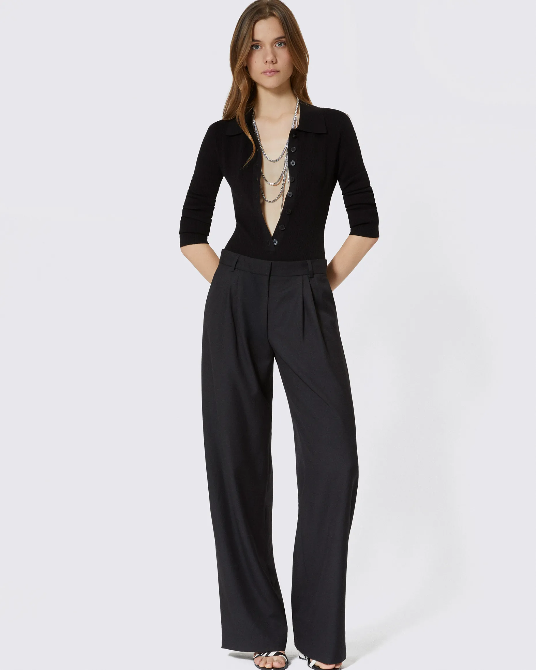 Pantalon tailleur large en laine noir