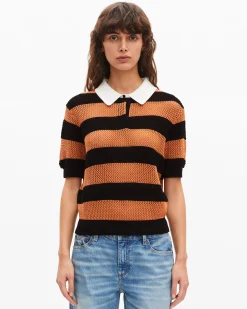 Polo en maille ajourée rayé orange et noir