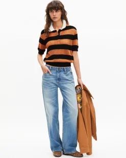 Polo en maille ajourée rayé orange et noir