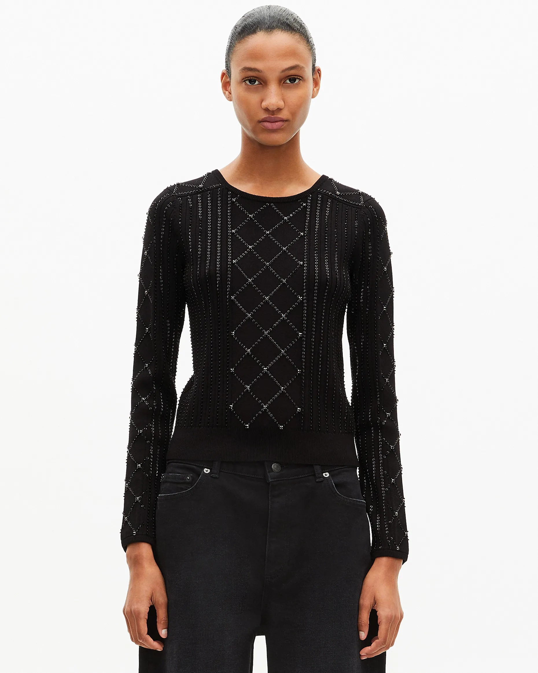 Pull avec strass et perles noir