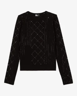 Pull avec strass et perles noir