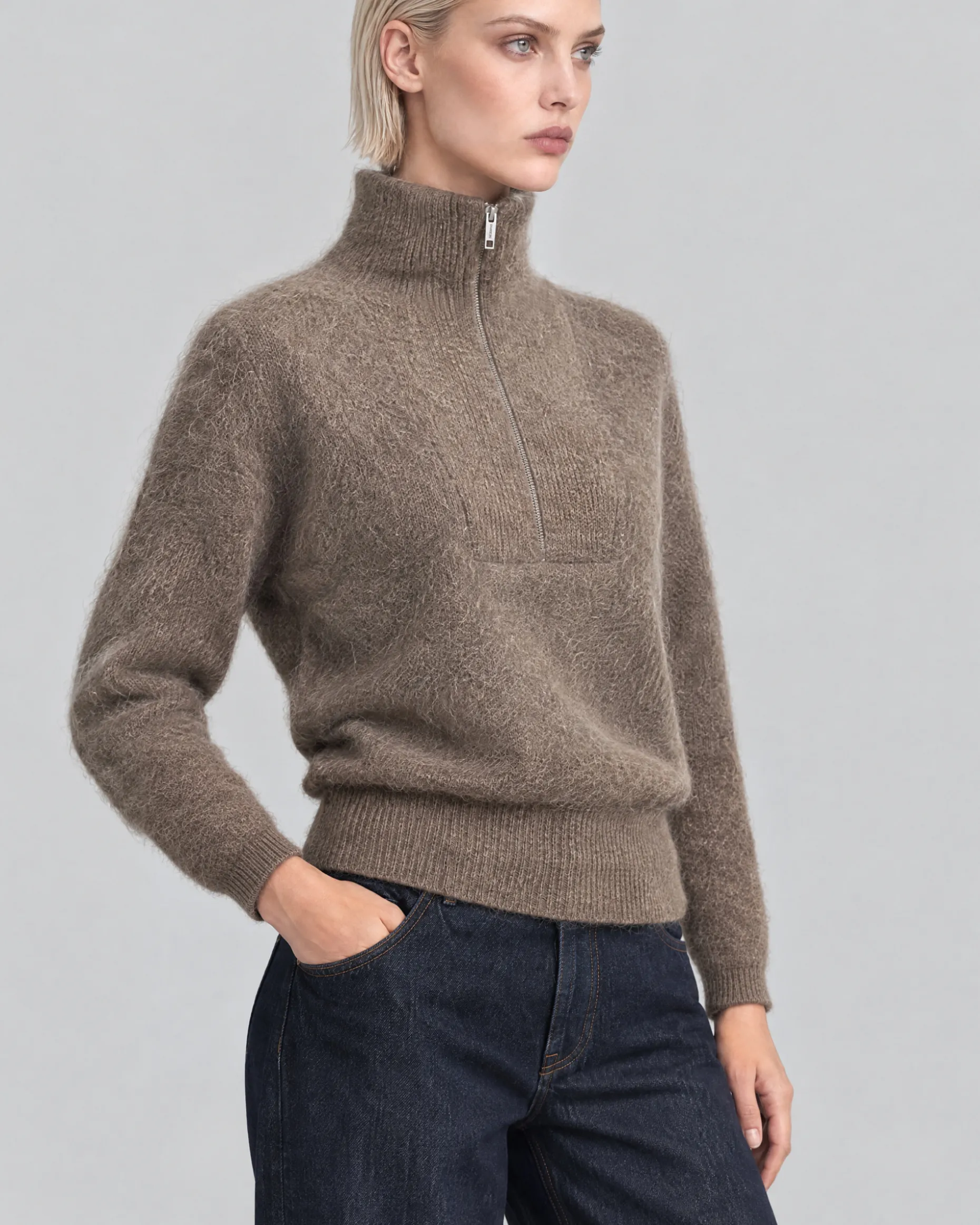 Pull col camioneur en mohair mélangé marron