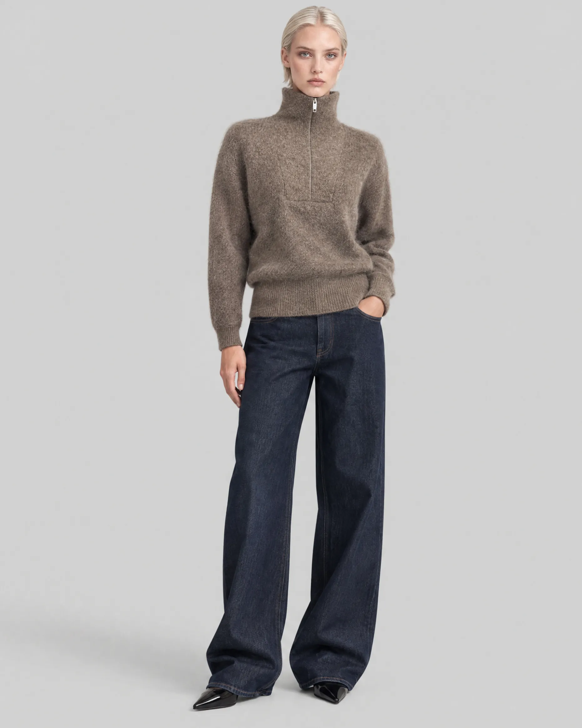 Pull col camioneur en mohair mélangé marron