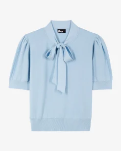 Pull col lavallière en coton mélangé bleu