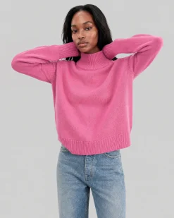 Pull col montant en laine mérinos rose