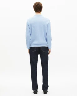 Pull col polo en laine mérinos bleu