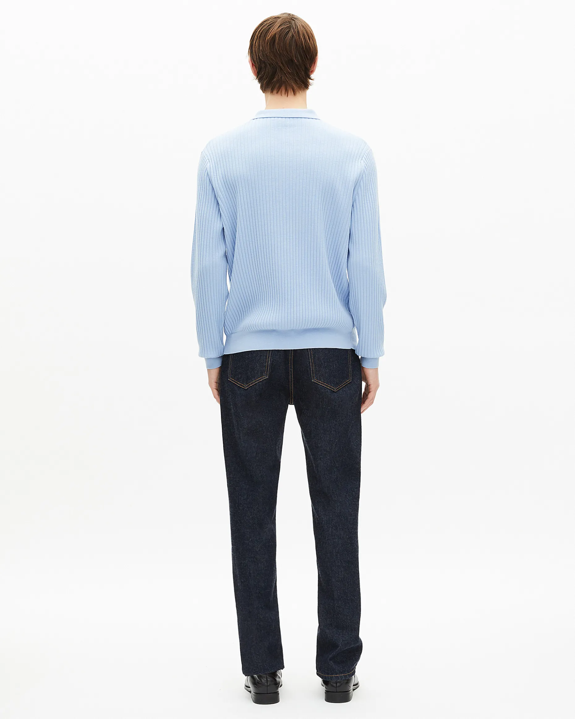 Pull col polo en laine mérinos bleu