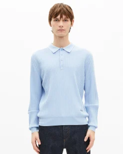 Pull col polo en laine mérinos bleu