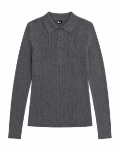Pull col polo en laine mérinos gris