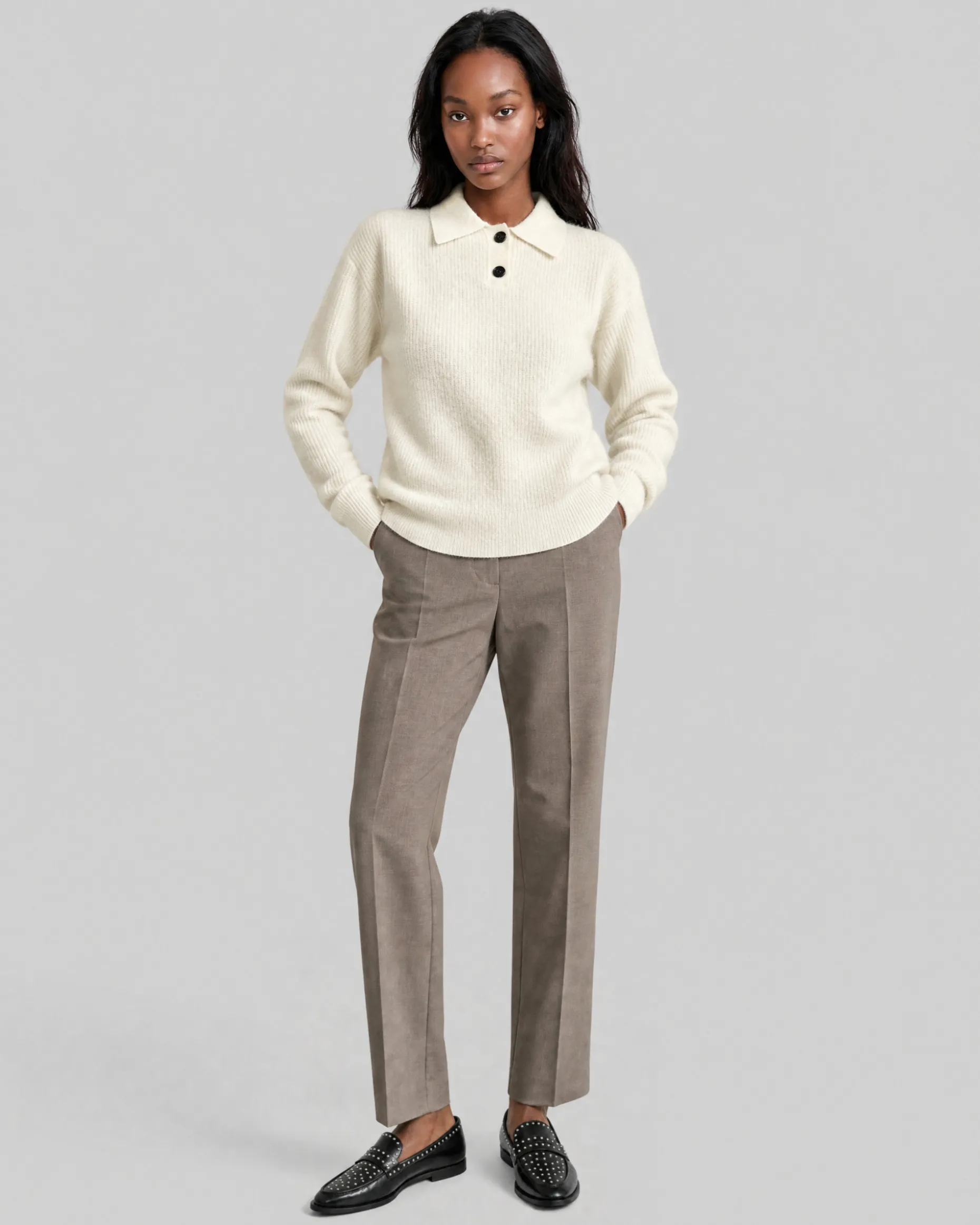 Pull col polo en mohair et laine mélangé écru