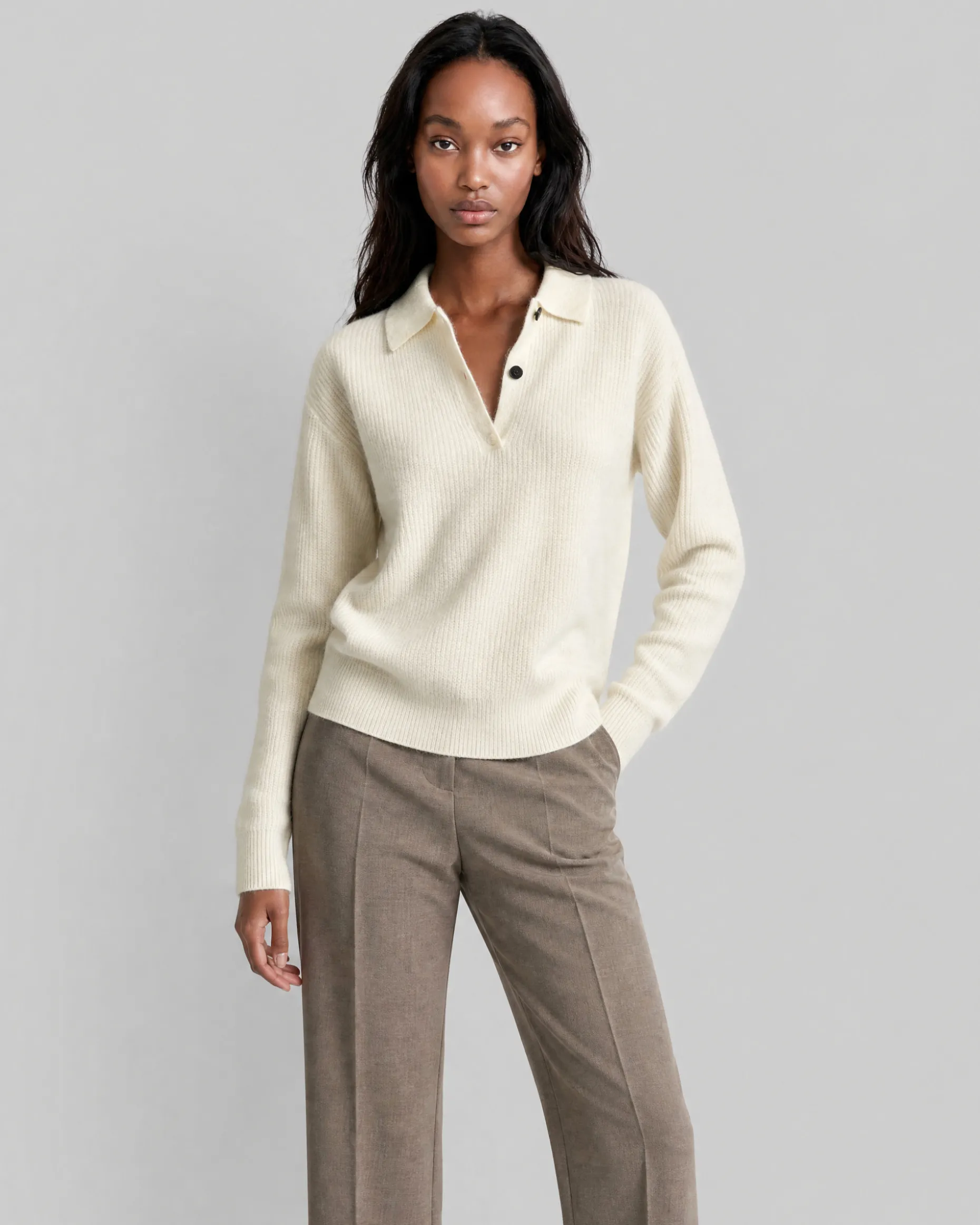 Pull col polo en mohair et laine mélangé écru